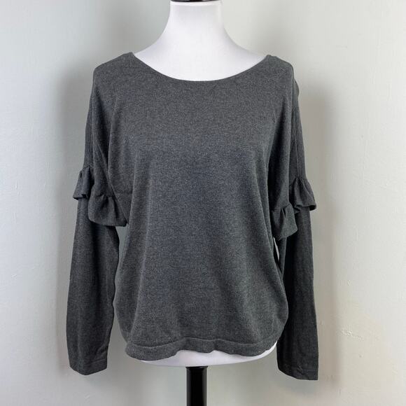 Theory Grey Scoop Neck Arm Ruffle Scoop Neck Sweater Large - Picture 1 of 7